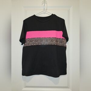 SHEIN Black Tee with Pink Band and Leopard Accent